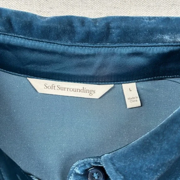 Soft Surroundings Shirt Women L Velvet Button Up Velour Teal Blue Green Collared - Picture 3 of 7